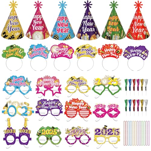 DPKOW Bunt Silvester Deko 2025 Silvester Haarreif Partyhüte Silvester Silvester Brille Halsketten Kreischer für Deko Silvester Party 2025 Neujahrsdeko Silvesterpartydeko Accessoire für Silvesterparty von DPKOW