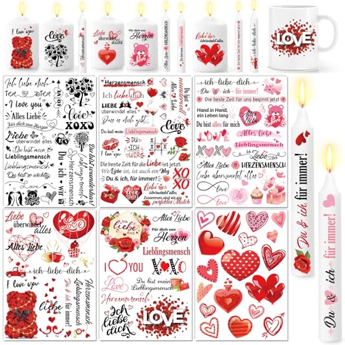 DPKOW DIY Kerzentattoos Valentinstag Wasserschiebefolie Kerzen Stabkerze Rot Herzen Kerzenfolie Ich Liebe Dich Kerzensticker Geburtstagskerze, Kerze mit Spruch, 6 Blatt von DPKOW