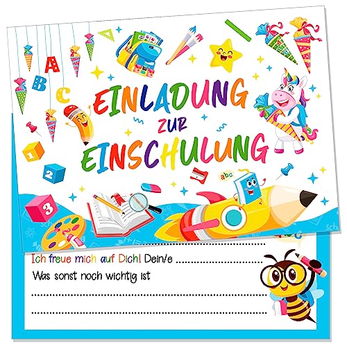 DPKOW Einschulung Einladungskarten Einladung Schulanfang Einhorn Einladungskarten Einladung Einschulung Junge Mädchen mit Umschlägen für Schuleinführung Schulkind Einschulungsparty, 12 Stück von DPKOW