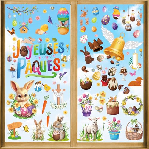 DPKOW Français Joyeuses Pâques Fenêtre Autocollants Décorations, 9 x Pâques Stickers Vitre Décorations Pâques Autocollants Pour Pâques Fenêtre Porte Décorations, Chocolat Cloches Pâques Œufs Couronne von DPKOW