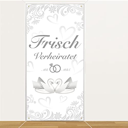 DPKOW Frisch Verheiratet Banner Dekoration für Hochzeit Standesamt, Romantisch Hochzeitszeremonie Banner Deko, Hochzeit Tür Garten Deko, Schwanenpaar Mr und Mrs Herz Blumen Blätter, 185 x 90cm von DPKOW