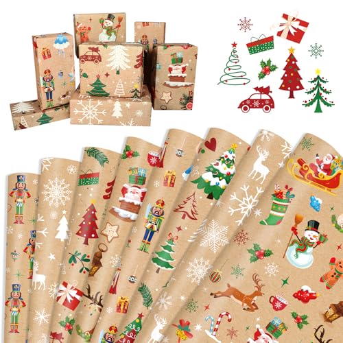 DPKOW Geschenkpapier Weihnachten, 8 Blatt Weihnachtspapier Geschenkpapier Kraftpapier Natur, Recycelbares Christmas Wrapping Paper Weihnachten Einschlagpapier für Geschenkverpackung Weihnachts,70x50cm von DPKOW