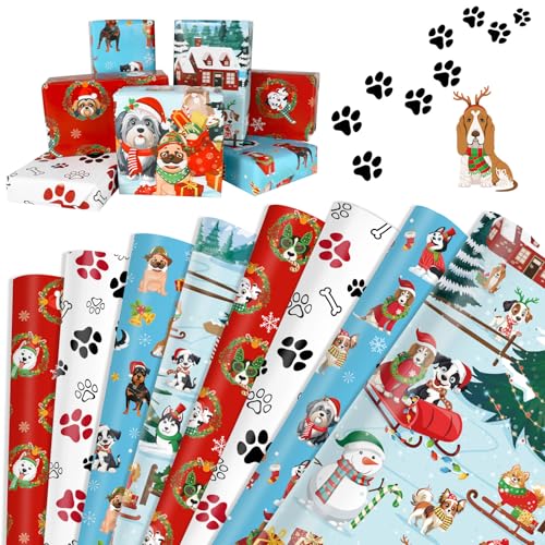 DPKOW Geschenkpapier Weihnachten mit Hundemotiv, 8 Stk Weihnachtspapier Geschenkpapier bögen, Recycelbare Einschlagpapier Weihnachten Hundepfoten für Verpackung, Wrapping Paper Christmas, 70x50 cm von DPKOW