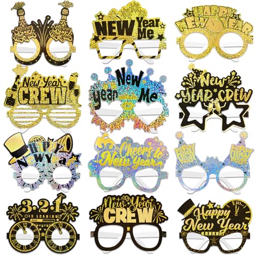 DPKOW Glitzer 2025 Silvester Brille, 24 Stk Laser Papier Brillen Happy New Year Neujahr Partybrille für 2025 Silvester Accessoires Glitzer Silvester Party Zubehör Gadget Silvester Foto Requisiten von DPKOW