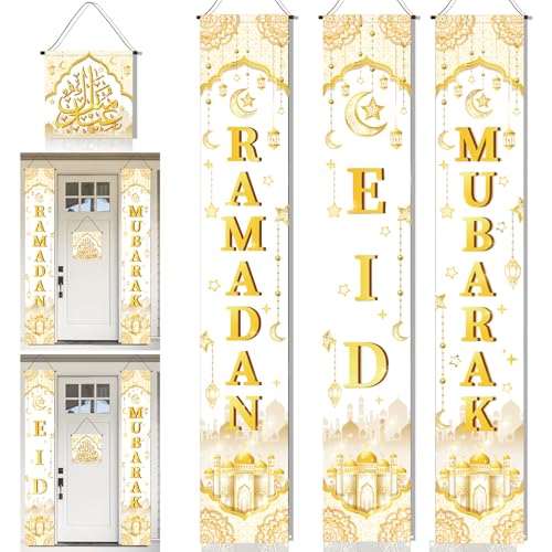 DPKOW Gold Ramadan Mubarak Banner Eid Mubarak Dekorationen Ramadan Mubarak Tür Couplets Banner Eid Ramadan Mubarak, 4pcs von DPKOW