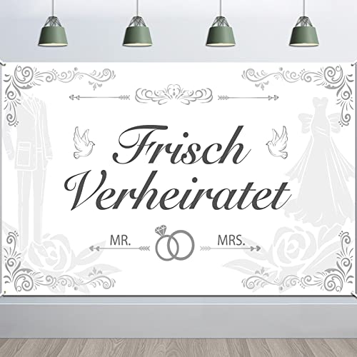 DPKOW Groß Frisch Verheiratet Banner für Hochzeit Dekoration, Mr und Mrs Banner für Hochzeit Garten Terrasse Wand Deko, Just Married Hochzeit Hintergrund Deko 185 * 110cm von DPKOW