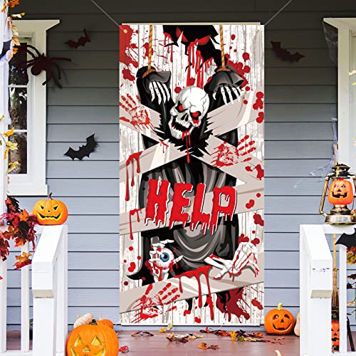 DPKOW Hängender Geist Banner für Gruselige Halloween Deko, Blutige Handabdrücke Grim Reaper Tür Banner für Halloween Türabdeckungen Deko, Horror Halloween Spukhaus Deko Requisiten 185 * 90cm von DPKOW