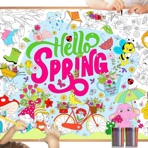 DPKOW Hallo Frühling Ausmalen Tischdecke für Kinder mit Stiften, 47 x 33 Zoll Riese Papier Frühling Bemalbare Tischdecke für Kinder Frühling Basteln Geschenk Ostern, Groß Frühling Ausmalen Poster von DPKOW