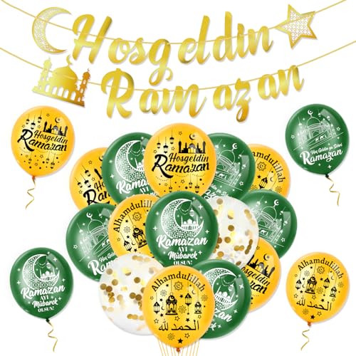 DPKOW Ramadan Deko Hosgeldin Ramazan Banner Luftballons, Ramadan Girlande Banner Latexballons Ramazan Dekor Hoşgedin Ramazan Partyzubehör, Ramadan Islam Banner Luftballons für zu Hause Draußen Drinnen von DPKOW