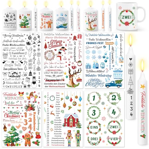 DPKOW Kerzentattoos Weihnachten, 6 Blatt Wasserschiebefolie Weihnachten Kerzen Aufkleber Weihnachten Stabkerzen Adventskerze Tattoos, Kerzen Sticker Weihnachten Kerzenfolie DIY Kerzen Tattoo Advent von DPKOW