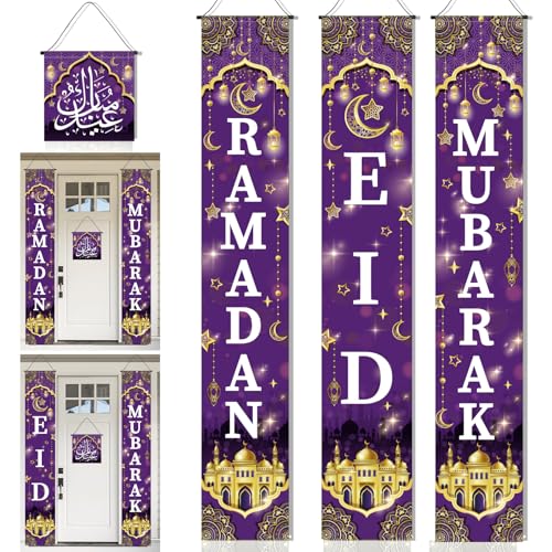 DPKOW Lila Ramadan Mubarak Banner Eid Mubarak Dekorationen, 4pcs Ramadan Mubarak Tür Couplets Eid Mubarak Banner islamischen Muslim von DPKOW