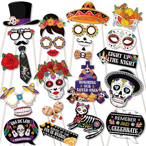 DPKOW Lustige Day of The Dead Photo Booth Requisiten Dia De Los Muertos Selfie Requisiten Halloween Foto Requisiten Zubehör für Tag der Toten Party Favor Supplies Halloween Mexikanische Fiesta, 25 von DPKOW