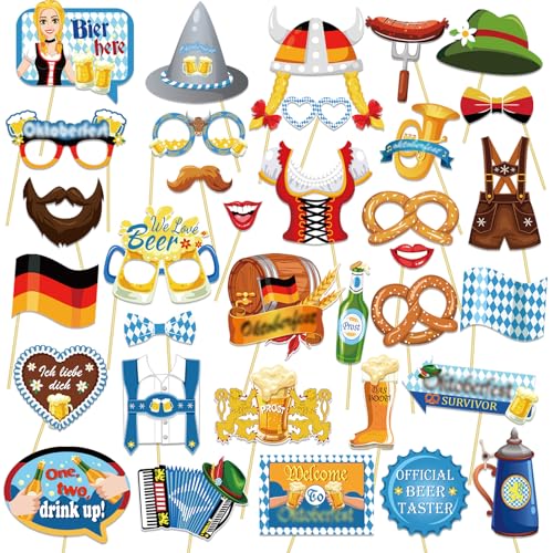 DPKOW Oktoberfest Photo Booth Props, 35pcs Bayrisch Partyfotoautomat Zubehör Wiesn Fotobox Fotorequisiten für Oktoberfest Spiel Gastgeschenke Deko, Bier Brezel Lebkuchen Flagge Brille Hut Schnurrbart von DPKOW