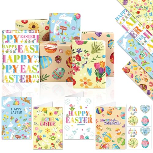 DPKOW Ostern Geschenkpapier Karten Aufkleber, 8 Blatt Ostern Wrapping Paper + 8 Stk Ostern Grußkarten mit umschlag + 8 Stk Frohe Ostern Aufkleber, DIY Ostergeschenke Erwachsene Bastelset Ostern Kinder von DPKOW