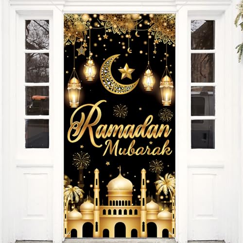 DPKOW Ramadan Mubarak Banner Ramadan Deko, Stoff Schwarz Gold Ramadan Mubarak Türbanner Ramadan Kareem Dekorationen Türwand Ramadan Fotohintergrund Ramadan Innen und Außendekoration, 185 * 90 cm von DPKOW