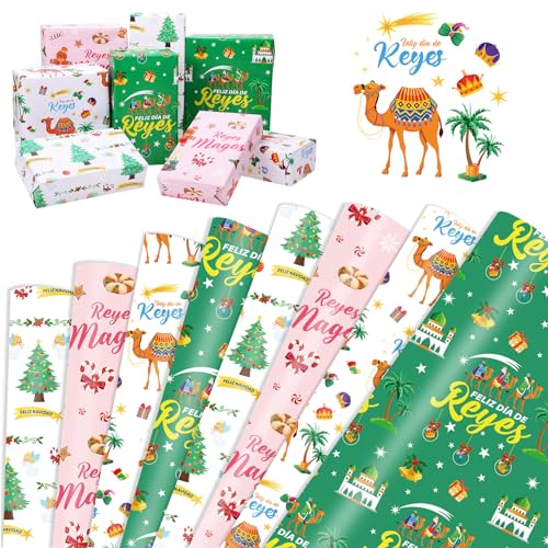 DPKOW Reyes Magos Papel de Regalo, 8 Piezas DIY Papel de Regalo de Fiesta de Reyes Magos Papel de Artesanía, Papel de Regalo de Cumpleaños de Navidad para Niños, 70 * 50 cm von DPKOW