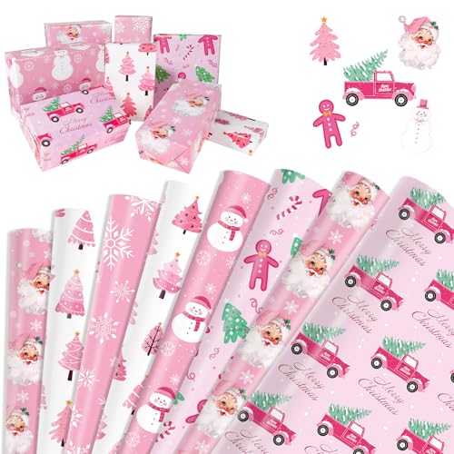 DPKOW Rosa Weihnachten Geschenkpapier, 12 Blätter Weihnachten Wrapping Paper Weihnachtsbaum Schneemann Schneeflocke Einschlagpapier Weihnachten, recycelbar Geschenk Verpackung Weihnachten, 70 * 50cm von DPKOW