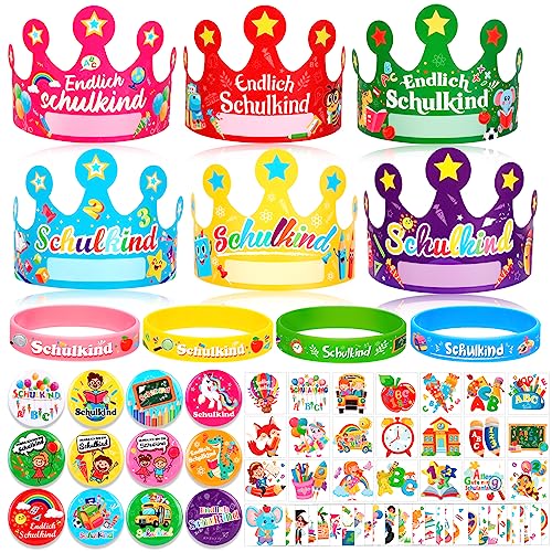 DPKOW 84 Stück Schulanfang Deko Einschulung Armband Schulkind Button Schulkind Partyhüte Schulanfang Kindertattoos für Schulanfang Geschenk Einschulung Mädchen Junge 1. Schultag Party Mitbringsel von DPKOW