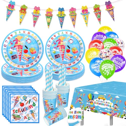 DPKOW 94 Stk Einschulung Deko Set, Pappteller Einschulung Luftballons Girlande Schulkind Servietten Tischdecke Becher Papierstrohhalme, Schulanfang Deko Schuleinführung Deko Einschulung Junge Mädchen von DPKOW