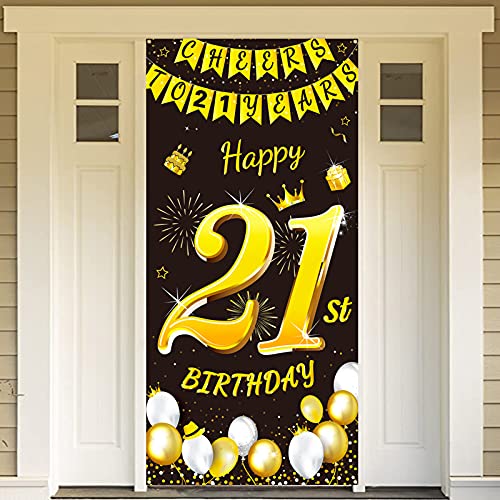 DPKOW Schwarz Gold 21. Geburtstag Dekoration für Mann Frau, Schwarz Gold 21. Geburtstag Banner für Hintergrund Tür Deko, 21. Geburtstag Tür Banner für Garten Tisch Wand Deko, 185 x 90cm Stoff von DPKOW