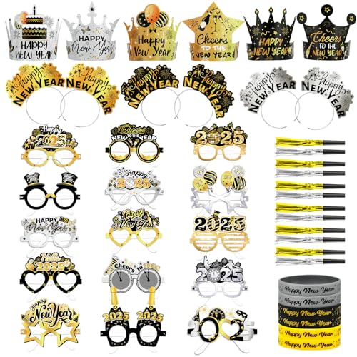 DPKOW Schwarz Gold Silber Silvester Deko 2025 Neujahr Silvesterdeko Accessoires Silvester Partyhüte Happy New Year Haarreif Silvester Brille Silikonarmband Tröten für Deko Silvester Party 2025 von DPKOW