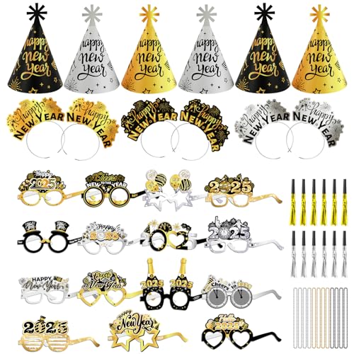 DPKOW Schwarz Gold Silber Silvester Deko 2025 Silvester Partyhüte Silvester Haarreif Silvester Brille Halsketten Kreischer für Silvesterpartydeko Accessoire für Silvesterparty Silvester Deko 2025 von DPKOW