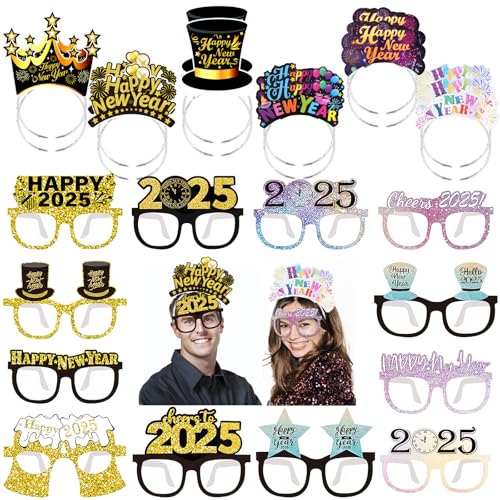 DPKOW Silvester Deko 2025, 24 Stück Happy New Year Haarreif Silvester Partybrille Kopfschmuck Silvester Accessoires 2025 Silvester Foto Requisiten for Silvester Partyzubehör 2025 Neujahrs Partyzubehör von DPKOW