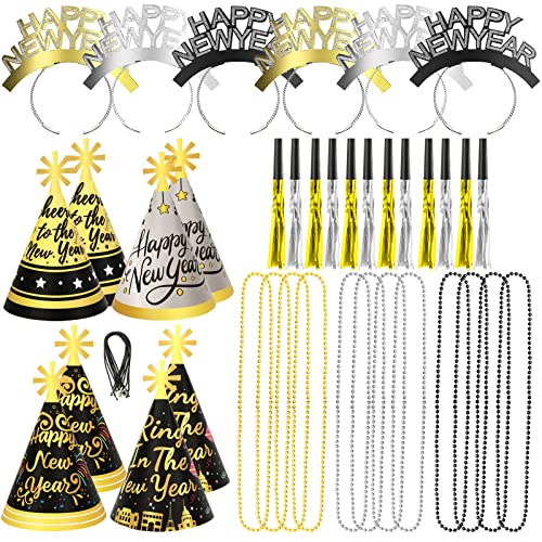 DPKOW Silvester Deko 2025 Party Set Partyhüte Silvester Haarreif Happy New Year Haarreif Halsketten Tröten für Deko Silvester Party 2025 Silvester Outfit Damen Männer Silvester Foto Requisiten 2025 von DPKOW