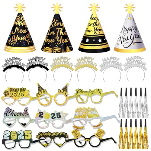 DPKOW Silvester Deko 2025 Party Set Partyhüte Silvester Haarreif Happy New Year Brille 2025 Silvester Brille Tröten für Silvester Party Hits Silvester Outfit Damen Männer Silvester Foto Requisiten von DPKOW