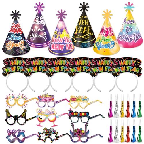 DPKOW Silvester Deko 2025 Party Set Partyhüte Silvester Haarreif Partybrille Silvester Fransenbläser für Deko Silvester Party 2025 Silvester Outfit Damen Männer Silvester Foto Requisiten,42 Stück von DPKOW