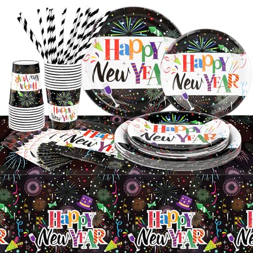 DPKOW Silvester Deko 2025, Tischdecke Silvester Pappteller Silvester Servietten Happy New Year Pappbecher Strohhalme Papier für Deko Silvester Party 2025 Neujahr Deko Silvester Tischdeko,101 Stk von DPKOW