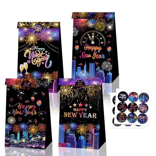 DPKOW Silvester Partyzubehör 2025 Deko Silvester Geschenktüten Neujahrsparty Tüten, Frohes Neues Jahr Papiertüten Neujahr Geschenktüten Befüllen Silvester Zubehör, 12pcs New Years Eve Gift Bags von DPKOW