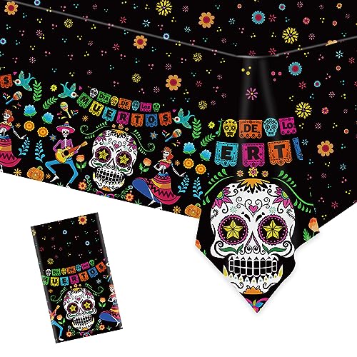 DPKOW Totenkopf Tischdecke Tag der Toten Dekorationen Dia De Los Muertos Tischdecken Tischtuch Halloween Tag der Toten Tischdekoration Dia De Los Muertos Mexikanische Party, 9 x 4,5 Fuß Kunststoff von DPKOW