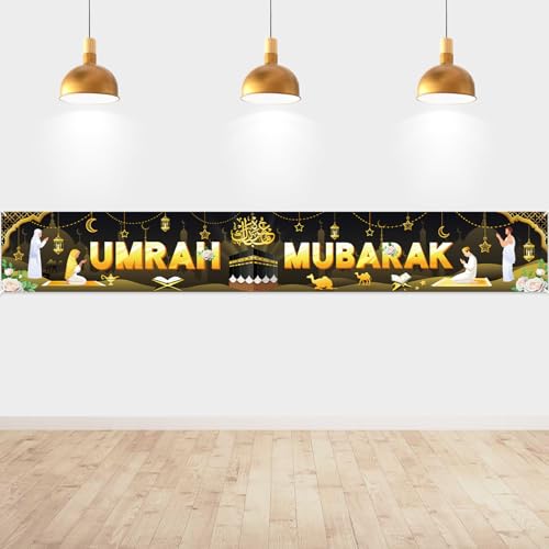 DPKOW Umrah Mubarak Banner Dekoration Schwarz und Gold, langes Banner für islamische muslimische Umrah Mubarak Dekoration für drinnen und draußen, عمرة مبارك Banner Dekoration, 270 * 40 cm von DPKOW