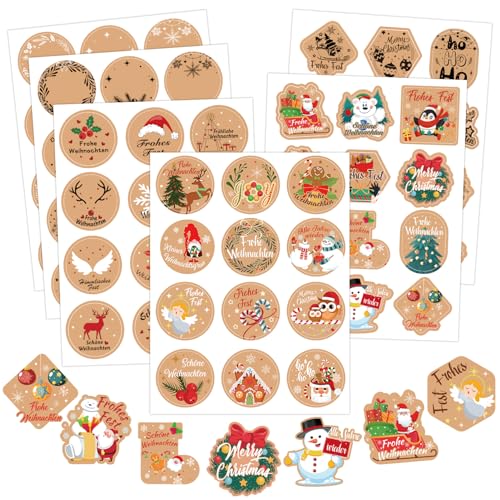 DPKOW Weihnachtsaufkleber Weihnachtssticker Selbstklebend, 216 Stk Geschenkaufkleber Weihnachten, Frohe Weihnachten Aufkleber Kraftpapier Etiketten Weihnachtsaufkleber zum Beschriften, Weihnachtsdeko von DPKOW