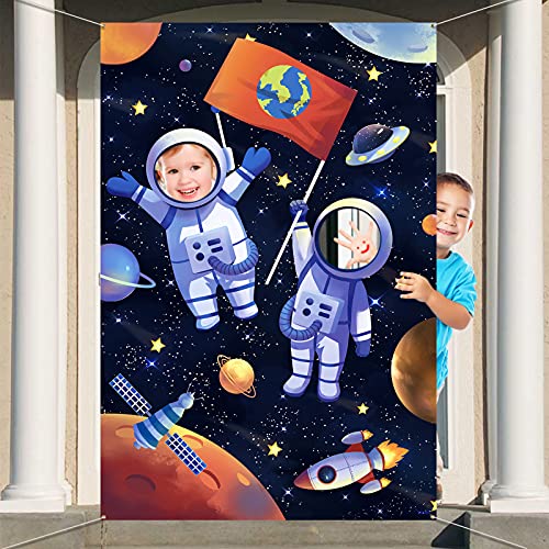 DPKOW Weltraum Geburtstag Foto Requisite Banner, Lustige Gesicht Spiel für Kinder Party Fotohintergrund Dekoration, Weltraum Astronaut Thema Party Spiel Banner Fotoaccessoires von DPKOW