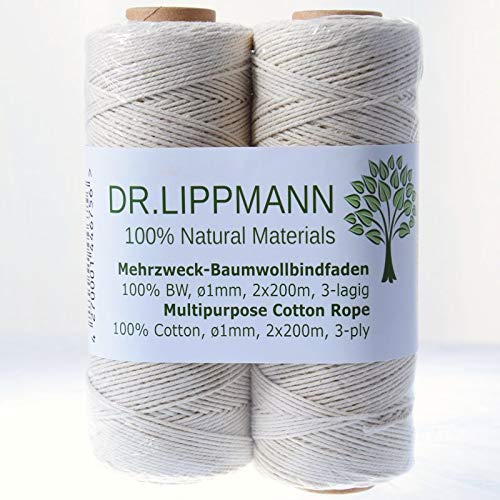 Baumwollgarn ø 1mm x 2X 200m aus 100% Natürliche Premium Baumwolle Ungefärbt Ungebleicht DIY Makramee Garn von DR.LIPPMANN