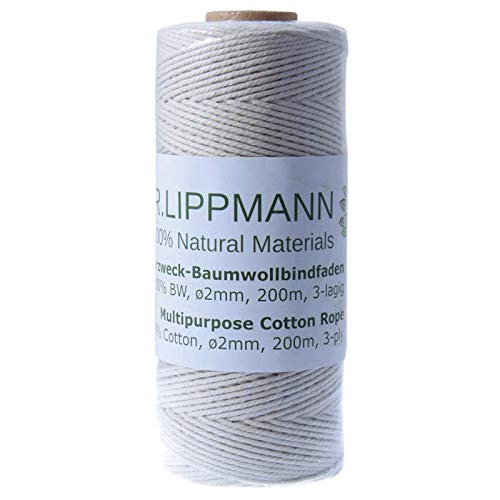 Makramee Garn ø 2mm x 200m aus 100% Natürliche Premium Baumwolle Ungefärbt Ungebleicht DIY von DR.LIPPMANN