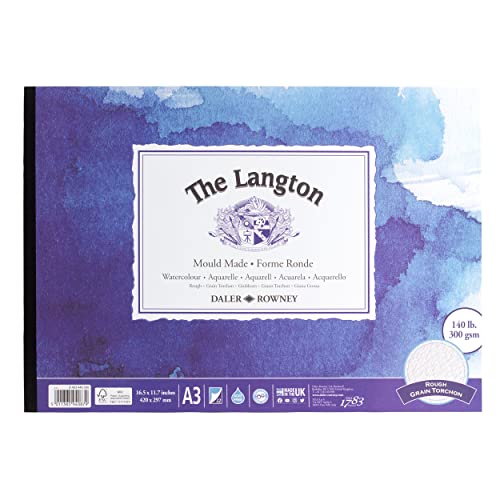 Daler-Rowney The Langton Rough Aquarellpapierblock, 300 g/m², A3, einseitig geklebt, säurefrei, 12 naturweiße Blätter, ideal für professionelle Künstler von Daler Rowney