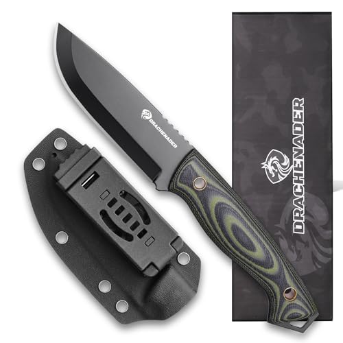 DRACHENADER AQUILA-X Outdoor Messer Survival, Gürtelmesser D2 Edelstahl mit Kydex-Scheide quer, 10,7 cm Klingenlänge, Full Tang, Klinge Schwarz + G10 Griff Grün von DRACHENADER