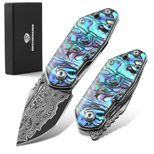 DRACHENADER Abalone-Messer Kleines Damast-Taschenmesser für Frauen und Männer Japanischer Schlüsselanhänger Mini-Taschenmesser Folding VG10, inklusive Geschenkbox von DRACHENADER