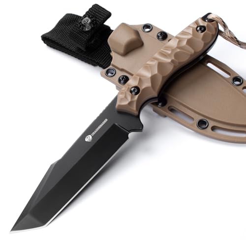 DRACHENADER B-ER-TANTO POINT Feststehendes Messer, 13 cm Klingenlänge Gürtelmesser, 5Cr14MoV Stahl Tanto Messer, Outdoor Survival Messer mit Kydex Scheide, Schwarze Klinge + Khaki ABS Griff von DRACHENADER