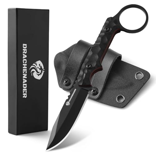 DRACHENADER Gürtelmesser mit Kydex Scheide quer - Full Tang 16,8 cm Outdoor Messer mit feststehender Klinge - Compact Neck Knife (Kette nicht enthalten) - Vollständig schwarzes Design von DRACHENADER