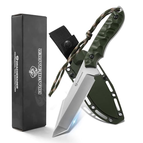 DRACHENADER Gürtelmesser B-ER-TANTO POINT, Feststehendes Messer mit 13 cm Klingenlänge, 5Cr14MoV Stahl, Outdoor Survival Messer, mit Kydex Scheide, Weiße Klinge + Grüner ABS Griff von DRACHENADER