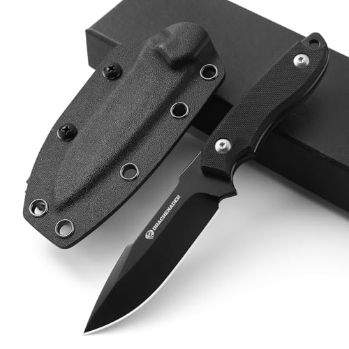 DRACHENADER Gürtelmesser EDC Messer 42a konform D2 Stahl kleines feststehendes Messer Zweihandmesser 9cm Klingenlänge, Full tang Messer mit kydex- Scheide, Voll- Black von DRACHENADER