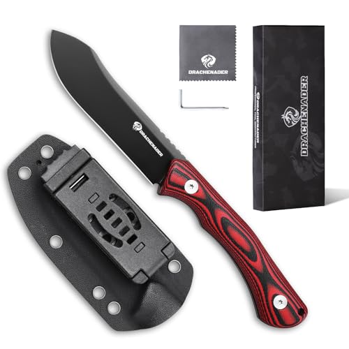 DRACHENADER Gürtelmesser RED-ROCK, Full Tang Outdoor Survival Messer, 10, 3 cm Klingenlänge, Nesmuk D2 Stahl Feststehende Klinge mit Kydex Scheide, Klinge Schwarz + G10 Griff Rot von DRACHENADER