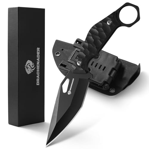 DRACHENADER Gürtelmesser SEAL-FULL BLACK Outdoor Messer, 5Cr13Mov Edelstahl Scharfes Survival Messer, Fulltang Jagdmesser mit Kydex Scheide und G10 Griff von DRACHENADER