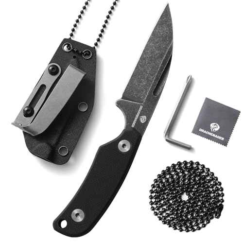 DRACHENADER Klein Neck Knife, D2 Stahl, 7,6 cm Sheepfoot Klinge, Full Tang, Kleines Messer mit Kydex-Scheide, Kugelkette und Gürtelclip, Blackwash-Finish Klinge + Schwarz Griff von DRACHENADER