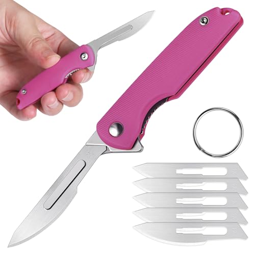 DRACHENADER Kleines Taschenmesser Skalpell, Klappmesser Frauen mit 5 Austauschbaren Klingen Figur 24, sicher Liner Lock，Einhandmesser Klein Schlüsselanhänger Messer, Magenta von DRACHENADER