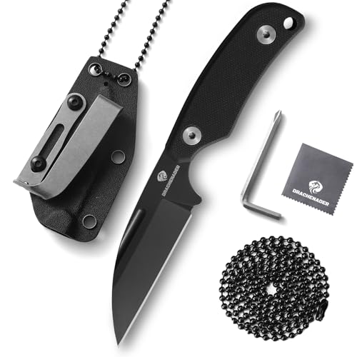 DRACHENADER Neck Knife Messer, EDC Feststehendes Messer,inklusive Kydex Scheide und Kugel Halskette zum umhängen, Full Tang-Klinge mit Gürtel-Clip, G10 Griff, Voll-Schwarz von DRACHENADER